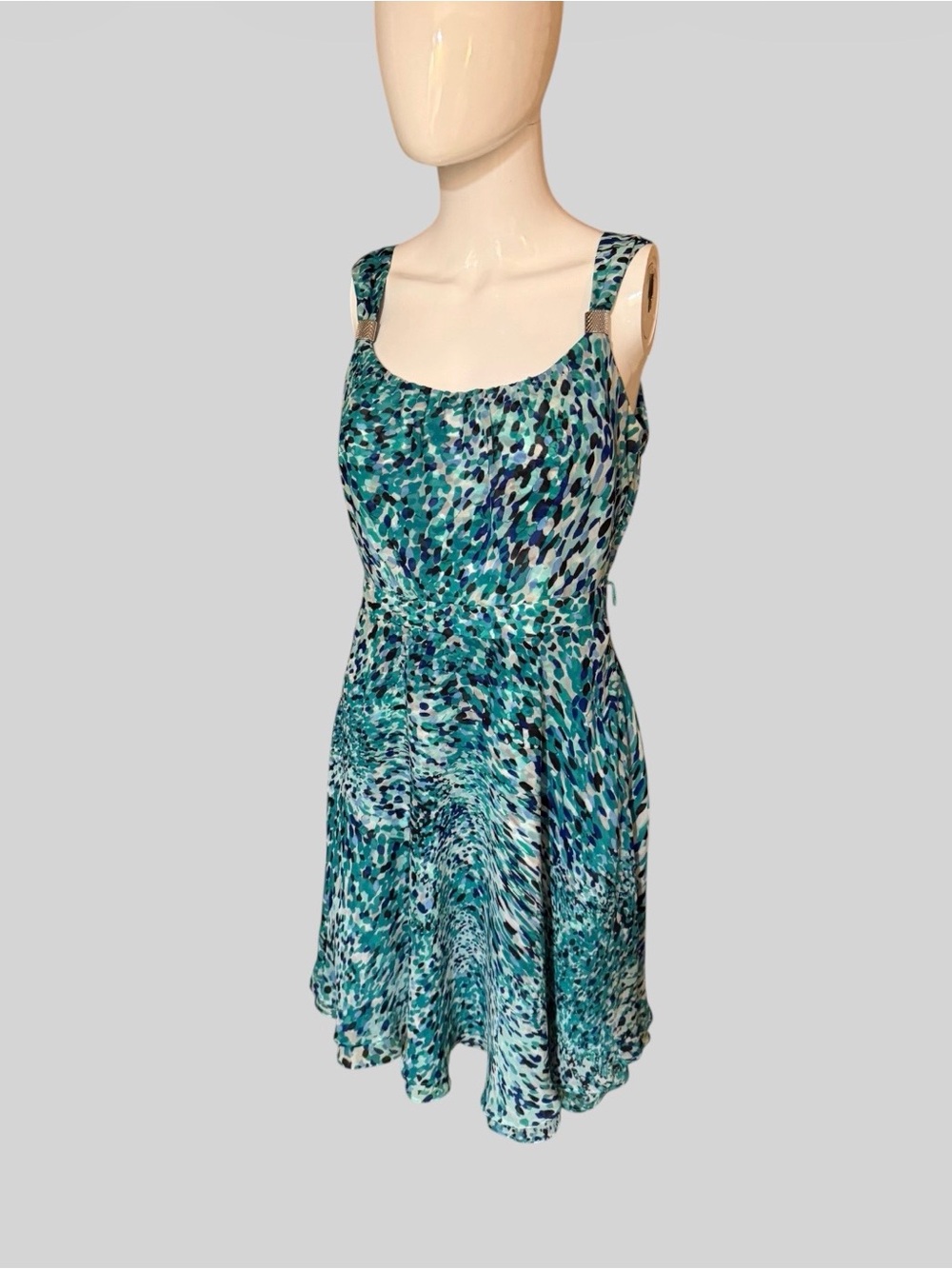 White House Black Market Teal & Blue Printed Sleeveless Fit-and-Flare Dress